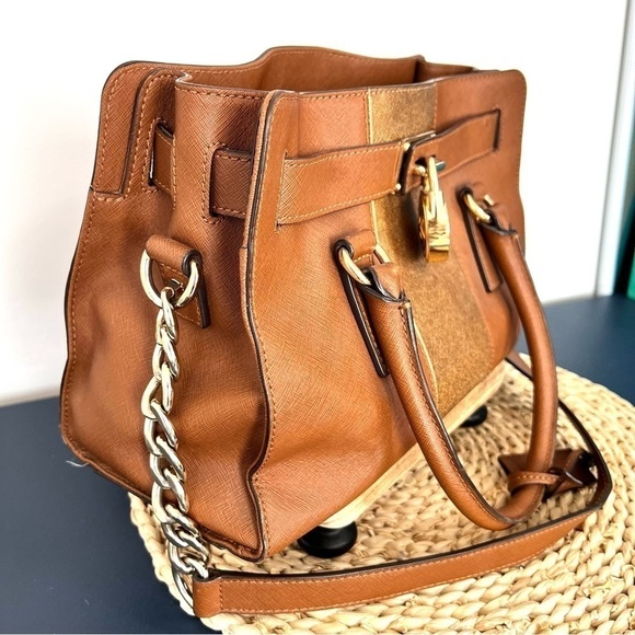 Michael Kors Hamilton Center Stripe Luggage Saffiano Satchel Crossbody Bag - Picture 3 of 16